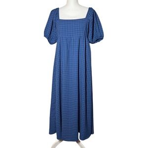 all:row Gingham Puff Sleeve Maxi Dress M Blue Smocked Square Neck